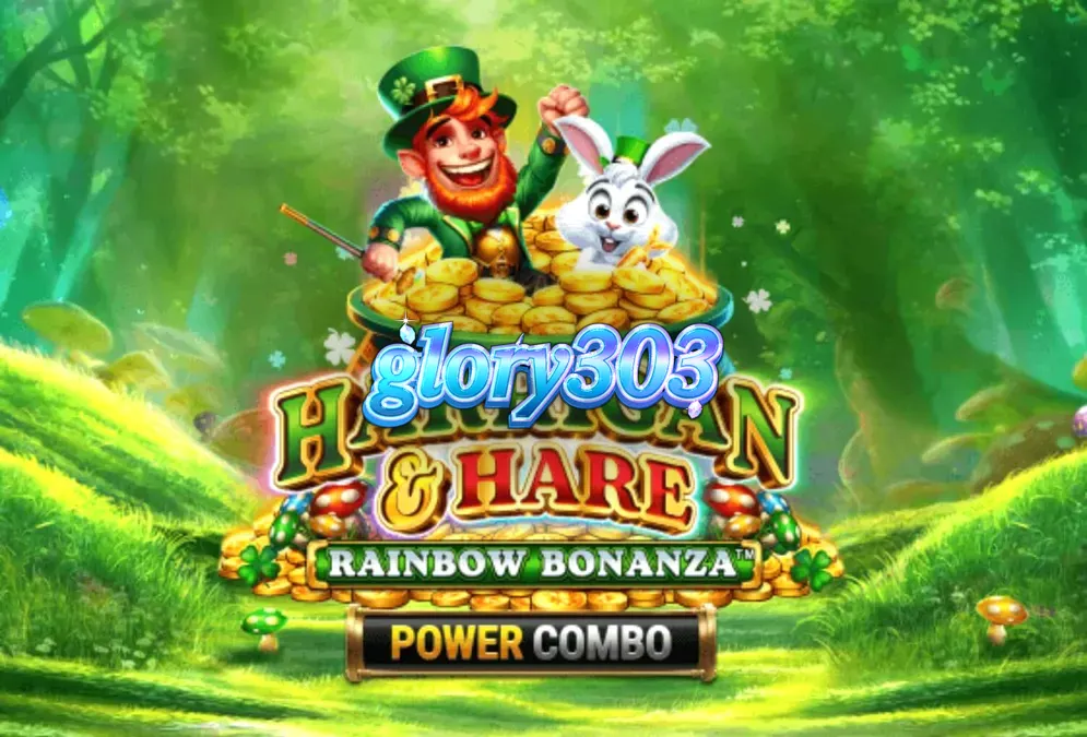 Tampilan visual slot Harrigan & Hare Rainbow Bonanza Power Combo dengan latar belakang perbukitan Irlandia.